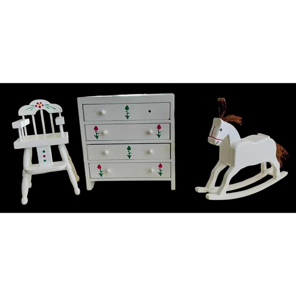 Dollhouse Set Miniature White Drawer Chest High Chair Rock Horse‎ 1:12~ 1" scale